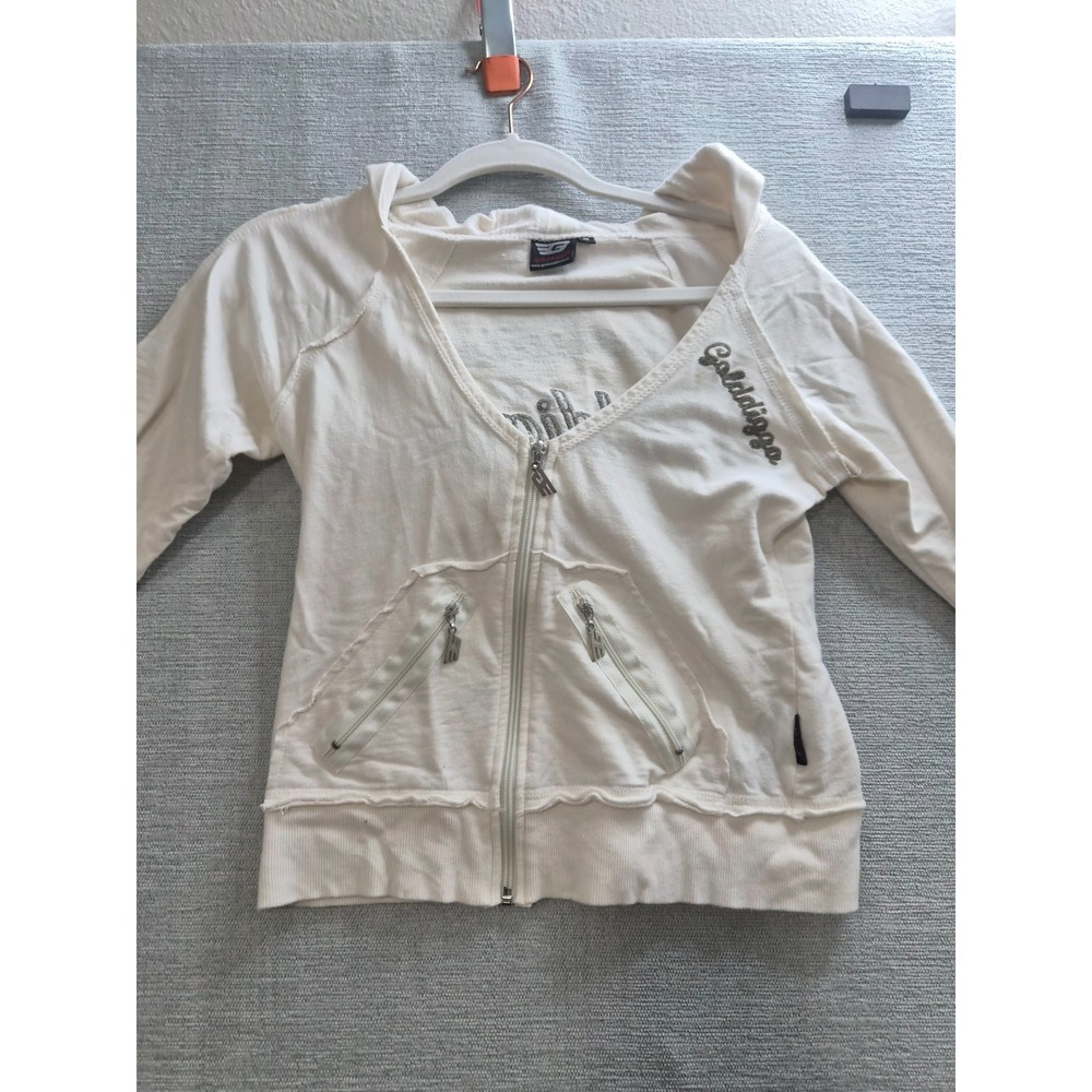 Golddigga Cropped Hoodie Womens Medium Beige Logo Cotton Raglan Sleeve Casual